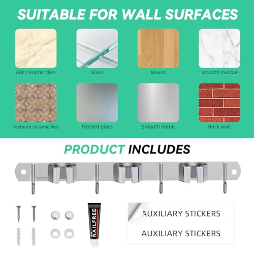 HASTHIP® Broom Holder Wall Mounted, Stainless Steel Mop and Broom Organizer with 3 Racks & 4 Hooks, Heavy Duty Wall Storage for Kitchen Bathroom Garage Garden Laundry Room