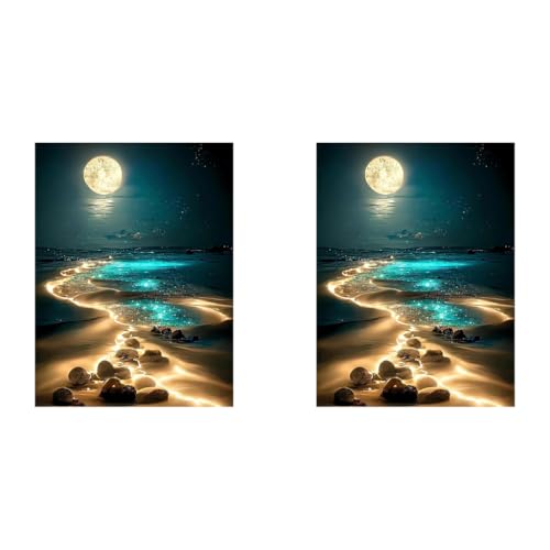HASTHIP® DIY 5D Diamond Painting Art Kit Dreamy Beach Moonlit Night Beginner for Home Decor No Frame Wall 12 x 16 Inch 2 PCS