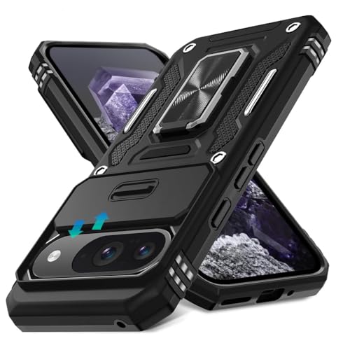 HASTHIP® Magnetic Phone Case for Google Pixel 9 & 9 Pro with Sliding Camera Shield & Stereoscopic Full Body Heavy Duty Rugged Shockproof Protective Phone Cover Holder Hard Cover Case Kickstand Ring