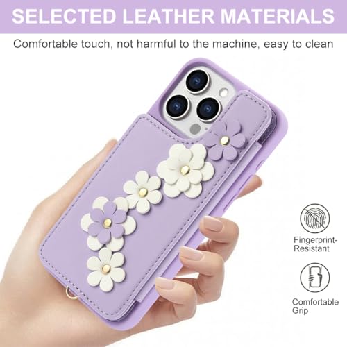 HASTHIP® for iPhone 16 Pro Max Case, Wallet with Card Holder, Cute Flower Design Crossbody Phone Purse for Women, PU Leather Magnetic Kickstand Shockproof Cover with Wrist Strap Phone Case 6.9"