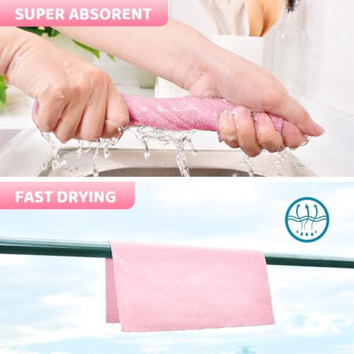 HASTHIP® 15-count Large Microfiber Cleaning Cloth Kitchen Absorbent Cleaning Rags Reusable Washable Rags Traceless Pot Pre-cut Tear Away Microfiber Kitchen Towels,25x60cm,Pink