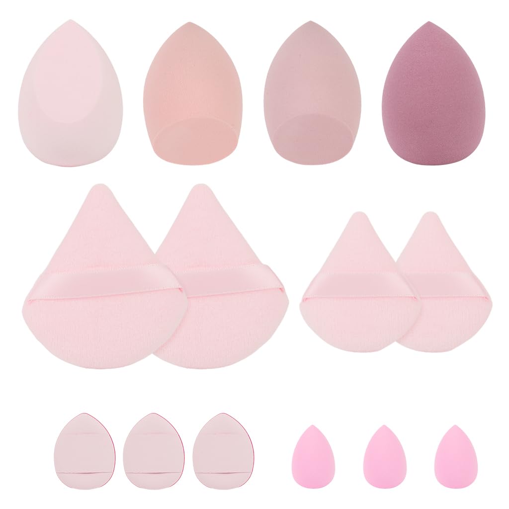 HASTHIP® Set de 14 Esponjas de Maquillaje,Puff Redondo y Triangular para Polvo y Base,Esponjas Reutilizables Antibacterianas Doble Uso Húmedo Seco Suaves Aptas para Piel Sensible