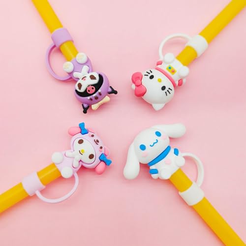 HASTHIP® 12PCS Kawaii Sanrio Series Drinking Straw Lids Anti-lost Kids Universal 10mm Cap for Stainless Steel Straight Curved Glass