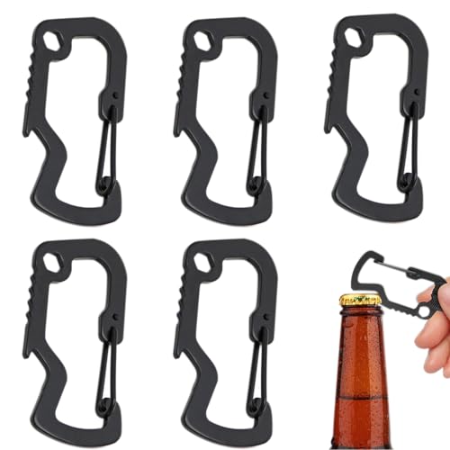 HASTHIP® Proberos 5PCS Black D-Shaped Stainless Steel Carabiner Clips with Bottle Opener, Locking Snap Hooks for Camping, Hiking, Backpack, Outdoor Gear