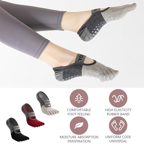 HASTHIP® 3 Pairs Yoga Socks for Women, Breathable Cotton 5-Toe Socks for Women, Anti Skid Women Socks, Elastic Strap Design for Pilates, Dance, Barre, Home Workout & Barefoot Fitness