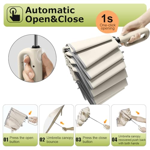 HASTHIP® 50'' Large Umbrella with Reflective Strip, Auto 3-Fold Compact Travel Umbrella, Carabiner Handle, Reinforced 10 Dual Ribs, Sun Protection 99% UV & Rain & Windproof for Men Women (Beige)