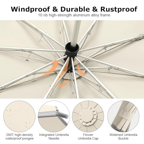 HASTHIP® 50'' Large Umbrella with Reflective Strip, Auto 3-Fold Compact Travel Umbrella, Carabiner Handle, Reinforced 10 Dual Ribs, Sun Protection 99% UV & Rain & Windproof for Men Women (Beige)