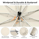HASTHIP® 50'' Large Umbrella with Reflective Strip, Auto 3-Fold Compact Travel Umbrella, Carabiner Handle, Reinforced 10 Dual Ribs, Sun Protection 99% UV & Rain & Windproof for Men Women (Beige)