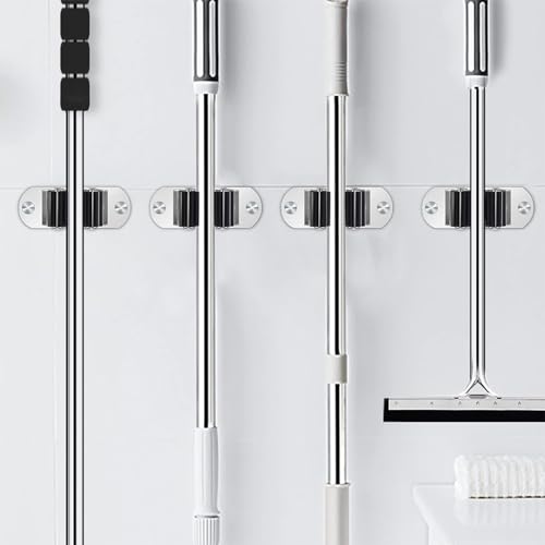 HASTHIP® 4Pcs Broom Holder Wall Mounted, Mop Holder for Wall, Wiper Holder for Bathroom, Stainless Steel Nail-free Wall Broom Holder Rack for Mop, Broom Long Handle Cleaning Tool