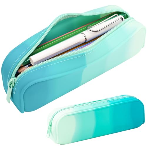 HASTHIP® Large Capacity Silicone Pencil Case for Girls, Stylish Gradient Green Zipper Pouch, Waterproof Durable School Stationery Organizer, Multipurpose Pen Bag for Office, Teens, Kids Gifts