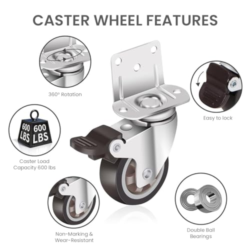 HASTHIP® 1 Inch L-Shaped Caster Wheels Set of 8, 360° Swivel TPE Rubber Casters with Ball Bearings, 400LBS Load, Silent No Mark Side Mount for Furniture, Baby Bed, Cart, Shelves, DIY, Black