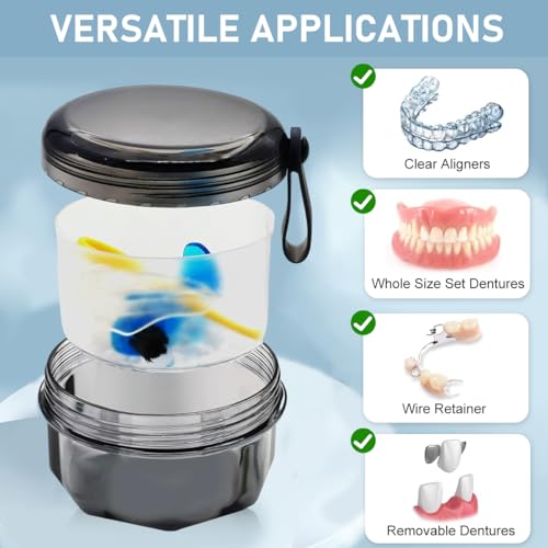 HASTHIP® Denture Bath Case, Leak Proof Retainer Box with Strainer, Denture Cleaning Cup Holder for Soaking Dentures, Travel Aligner Container, Mouth Guard Storage Case