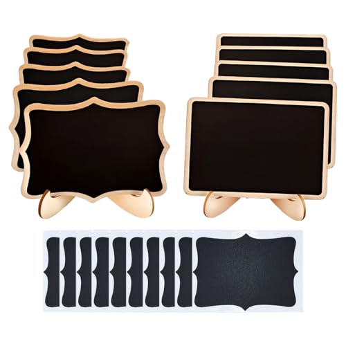 HASTHIP® 10Pcs Small Chalkboard Sign with Wooden Stands, 2 Designs, Fancy Wooden Frame Writable Mini Chalkboard Displaying Boards with 10 Replacement Writing Stickers, 10x7.5cm