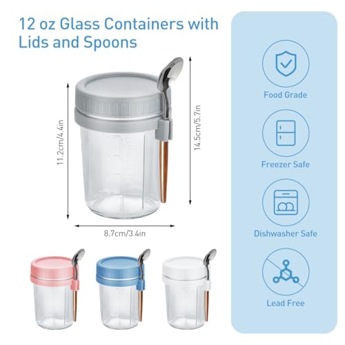 HASTHIP® 4 Pack Overnight Oats Containers with Lids and Spoons, 12oz Glass Mason Overnight Oats Jars, Large Capacity Airtight Jars for Milk, Cereal, Fruit