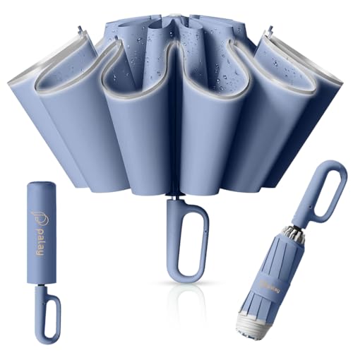 HASTHIP® Large Umbrella with Reflective Strip, Auto 3-Fold Compact Travel Umbrella, Carabiner Handle, Reinforced 10 Dual Ribs, Sun Protection 99% UV & Rain & Windproof for Men Women (Blue)