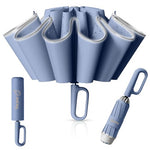 HASTHIP® Large Umbrella with Reflective Strip, Auto 3-Fold Compact Travel Umbrella, Carabiner Handle, Reinforced 10 Dual Ribs, Sun Protection 99% UV & Rain & Windproof for Men Women (Blue)