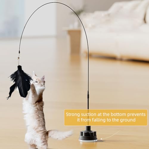 HASTHIP® Interactive Cat Toy Feather Teasing Toy, Flexible Teasing Wand Suction Cup Feathered Floor Teasing Wand Black Feather Teasing Toy