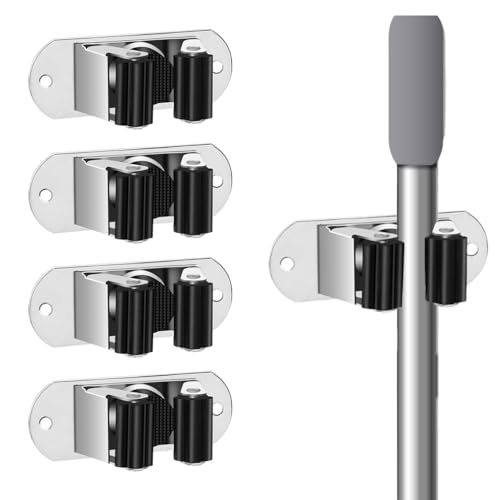 HASTHIP® 4Pcs Broom Holder Wall Mounted, Mop Holder for Wall, Wiper Holder for Bathroom, Stainless Steel Nail-free Wall Broom Holder Rack for Mop, Broom Long Handle Cleaning Tool