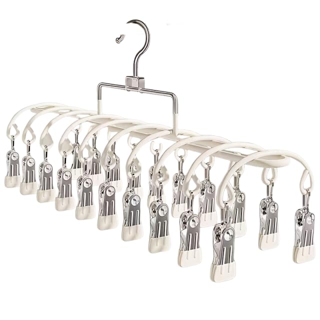HASTHIP® Stainless Steel Drying Hanger Rack with 20 Silicone Clips, 360° Rotatable Rustproof Laundry Hanging Rack for Socks, Underwear, Towels and Baby Clothes, Space Saving Foldable Clothesline