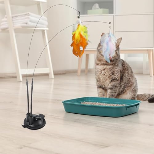 HASTHIP® Cat Feather Toy with Suction Cup Base, Dual-Wire Wand Interactive Teaser with Colorful Feathers for Indoor Cats Play and Exercise