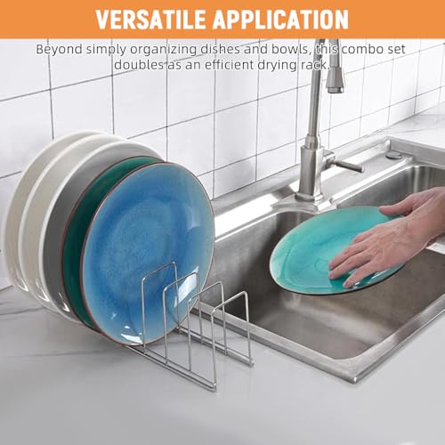 HASTHIP® 3Pcs Stainless Steel Dish Drying Rack Set for Kitchen, Plate Organizer Stand Utensil Holder, Multi-Purpose Plate Rack for Cabinet, Thali