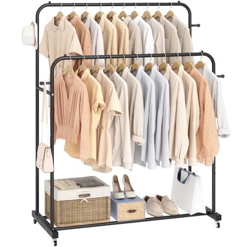 HASTHIP® Garment Organizer Rack Moving Floor Clothes Rack Garment Rack with Wheel Double Layer Metal Clothes Organizer Rack with Utiliy Shoe Rack Multi Purpose Open Garment Organizer Rack