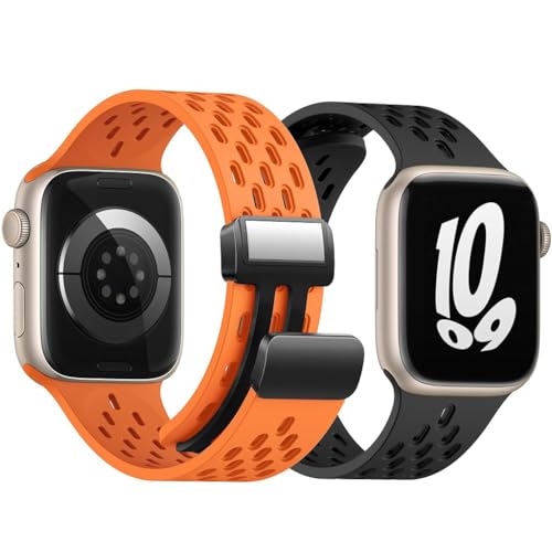 HASTHIP® Sport Silicone Watch Band Compatible with Apple Watch 42mm 44mm 45mm 49mm, Breathable Magnetic Clasp Replacement Strap for iWatch Ultra/SE/Series 9/8/7/6/5/4/3/2/1, 2 Pack Black &