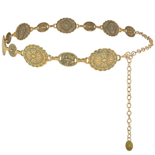 HASTHIP® Waist Belt for Women Golden Metal Concho hip belt for women saree Waist Belt Adjustable boho Western Fashion saree Belt women Chain Belts for Dresses, Jeans, Skirts