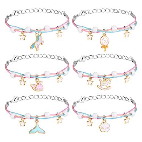 HASTHIP® 6pcs Friendship Bracelet for Girls, Cartoon Enamel Pendent Bracelets for Kids Set, Fashion Best Friend Bracelet, Handmade Braided Color Rope Bracelet Jewelry Gift for Girls Students