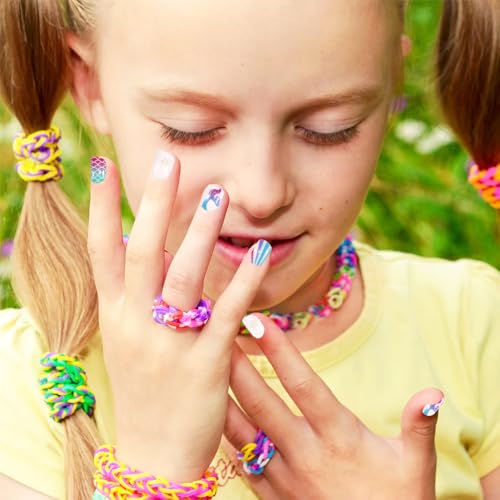 HASTHIP® Townley Girl 120 piezas Uñas Postizas para Niñas,Uñas Acrílicas Metálicas y con Purpurina,5 Diseños de Dibujos Animados Kit de Prepegadas con Lima y Adhesivos Set Arte DIY Regalo Cumpleaños Fiestas Infantiles