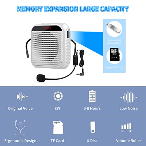 HASTHIP® Voice Amplifier Microphone Headset Set, 2200 mAh 8W with Speaker USB Rechargeable Support TF Card/Flash Drive with Strap Belt