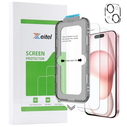 HASTHIP® Tempered Glass Suitable for iPhone 15 6.1 Inch with Anti Fingerprint Screen Protector Auxiliary Installation Kit 2 Scratch Resistant Screen Protectors and 1 Lens Protector