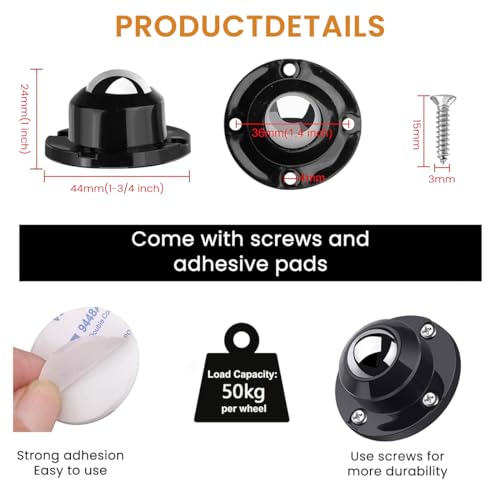 HASTHIP® 12pcs Self Adhesive 360° Swivel Caster Wheels, Combo Set for Furniture, Appliances, DIY, Moving Tables, Planners, Craft Projects, Heavy Duty 400Kg Capacity, Black