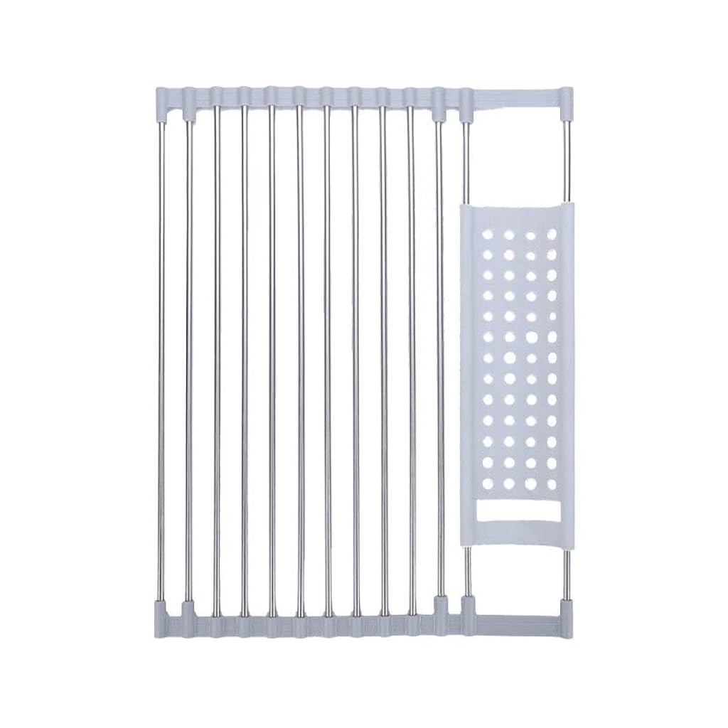 HASTHIP® Over Sink Dish Drying Rack, Silicone Wrapped 13" W x 18.5" L - Foldable Rolling Drain Mats Anti-Slip Multipurpose for Kitchen Counter-LightGray