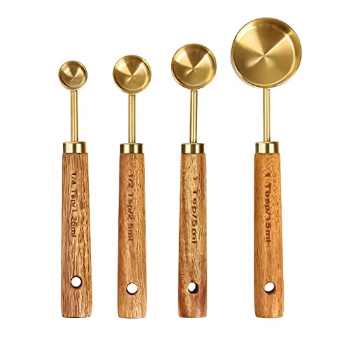 HASTHIP® Measuring Cups and Spoons with Wood Handle Set of 8, Stainless Steel, Golden Polished