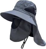 HASTHIP® Sun Hat Wide Brim Hat Hiking Hat UV-Protection Sun Hat with Neck Flap & Removable Face Cover Outdoor Unisex Sun Hat with Chin Strap, Breathable Sun Hat for Hiking, Fishing, Gardening, Grey
