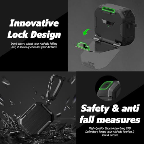 HASTHIP® AirPods Pro Case for 2nd/1st, AirPods Pro Locking Case, with Phone Stand and Shockproof Protection Wireless Charging Case, Rugged Locking Protective Case for AirPods Pro 2nd/1st(Black)