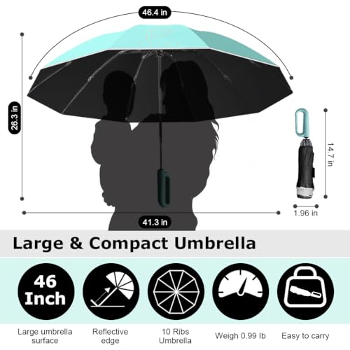 HASTHIP® Large Umbrella for Men Women with Reflective Strap,50'' Automatic Open/Close Windproof Travel Folding Umbrella,Reinforced 10 Dual Ribs 99 UV Protection with Carabiner Handle