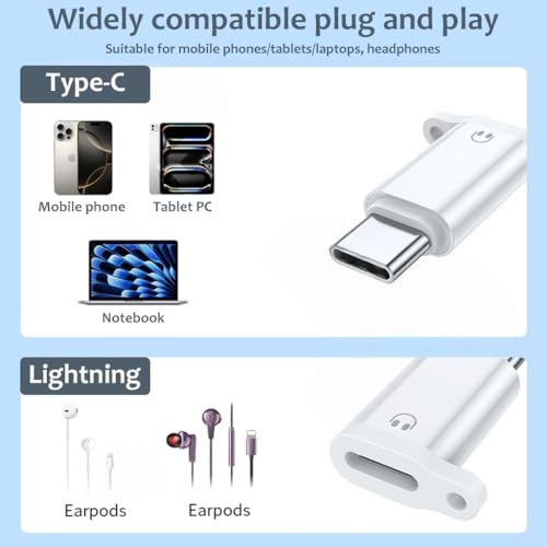 HASTHIP® Lightning to USB-C Earphone Adapter with Lanyard Holes, Type-C Male to Lightning Female Audio Converter, Aluminum Alloy, Supports Hands-Free Call & Volume Control, Compatible with iPhone