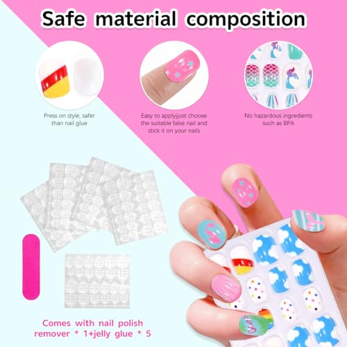 HASTHIP® Townley Girl 120 piezas Uñas Postizas para Niñas,Uñas Acrílicas Metálicas y con Purpurina,5 Diseños de Dibujos Animados Kit de Prepegadas con Lima y Adhesivos Set Arte DIY Regalo Cumpleaños Fiestas Infantiles