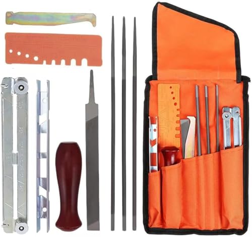 HASTHIP® Chainsaw Chain Sharpening Kit Set of 9Pcs Chainsaw Chain Repair Sharpening Round Files Kit Includes Round Files, Wooden Handle, File Guide, Flat File, Depth Gauge Tool, with Storage Bag