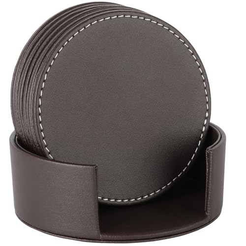 HASTHIP® 6Pcs Leather Coasters with Holder Fashion PU Insulation Cup Coasters Table Protector Decorative Table Coasters Elegant Home Decor Leather Coasters (Brown)