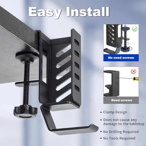 HASTHIP® 2 in 1 Tablet and Laptop Holder for Desk Edge, Aluminum Alloy Adjustable Stand Organizer with Headphone Hook, Secure Screw Mounting, Space Saving Desktop Headset Support for All Headphones