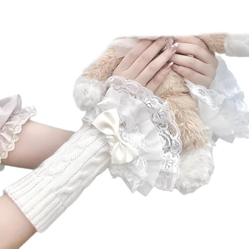 HASTHIP® Y2K Accessories Women’s Cute Goth Grunge Fingerless Arm Warmers – Long Ripped Sleeve Knit Gloves, Touchscreen Winter Warmers for Cosplay, Lolita, Driving, and Outdoor Activities – White
