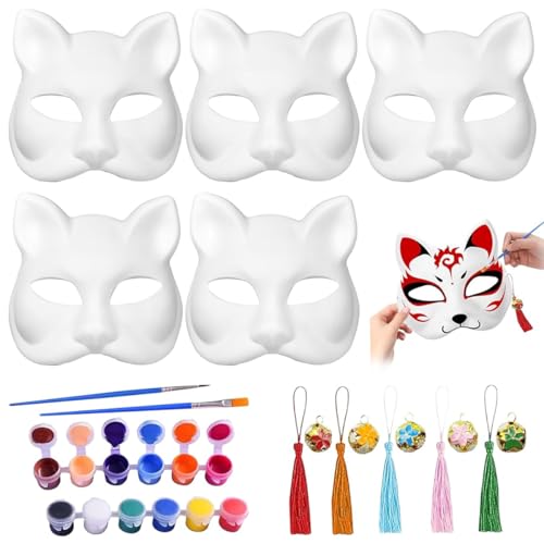 HASTHIP® 5pcs Cat Mask DIY Kit, Blank White Cat Face Masks for Kids Halloween, Graffiti Paintable Masquerade Costume Craft with Acrylic Paints, Brush Pens, Tassel & Sakura Bell Charms