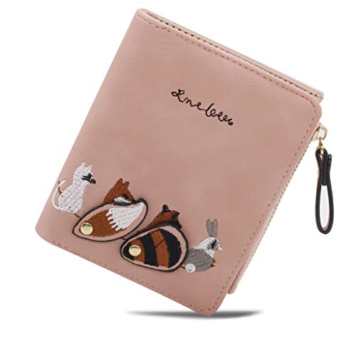 HASTHIP® Wallets for Women Stylish PU Leather Coins Zipper Pocket Cute Mini Animals Embroidery Short Wallet Card Holder Billfold Purse Wallet Gift for Girls (Pink)