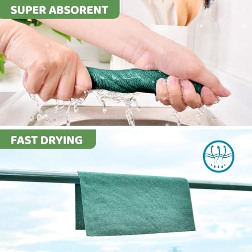 HASTHIP® 15-Count Large Microfiber Cleaning Cloth Kitchen Absorbent Cleaning Rags Reusable Washable Rags Traceless Pot Cleaning Rags Pre-Cut Tear Away Microfiber Kitchen Towels, 25x60cm, Green