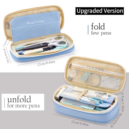 HASTHIP® Large Capacity Pencil Case, Durable Storage Multiple Compartment Double Zipper Portable Capacity Pencil Pouch for College Student Teen, 22x11cm (Light Blue) 3 PCS