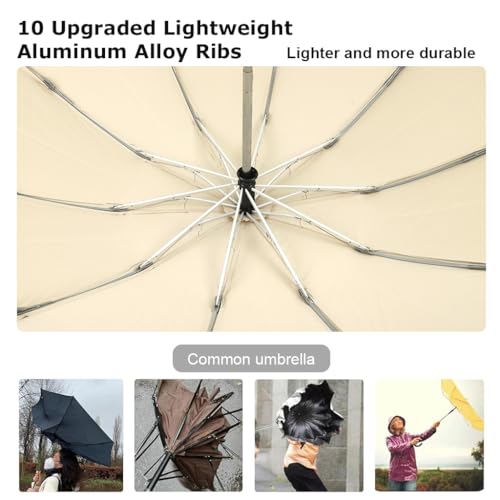 HASTHIP® 3 Fold Umbrella for Rain with Reflective Strip, Compact Travel Umbrella Auto One-Touch Open/Close, Reinforced 10 Dual Ribs, Sun Protection 99% UV & Rain & Windproof for Men Women (Khaki)