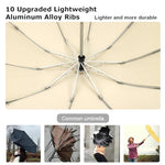 HASTHIP® 3 Fold Umbrella for Rain with Reflective Strip, Compact Travel Umbrella Auto One-Touch Open/Close, Reinforced 10 Dual Ribs, Sun Protection 99% UV & Rain & Windproof for Men Women (Khaki)